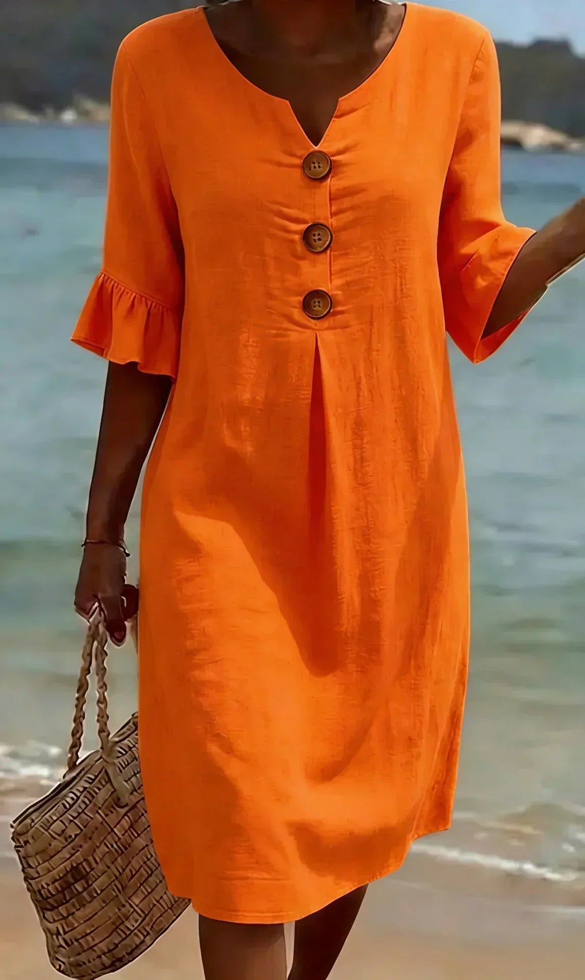 V-Neck Button Placket Flutter Sleeve Linen Look Midi Dress 8