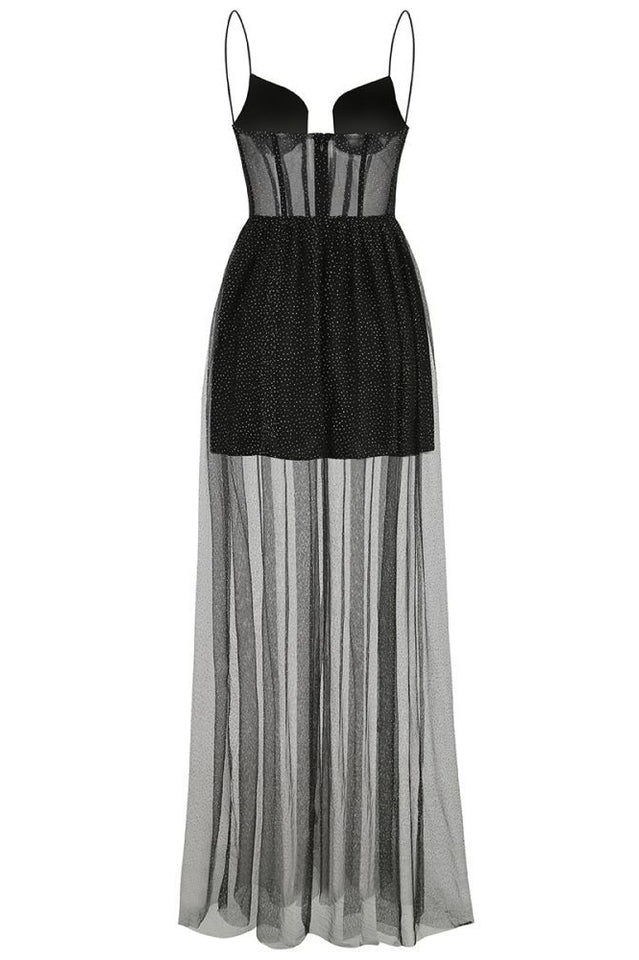 Glitter Tulle Sweetheart Corset Sheer Maxi Gown