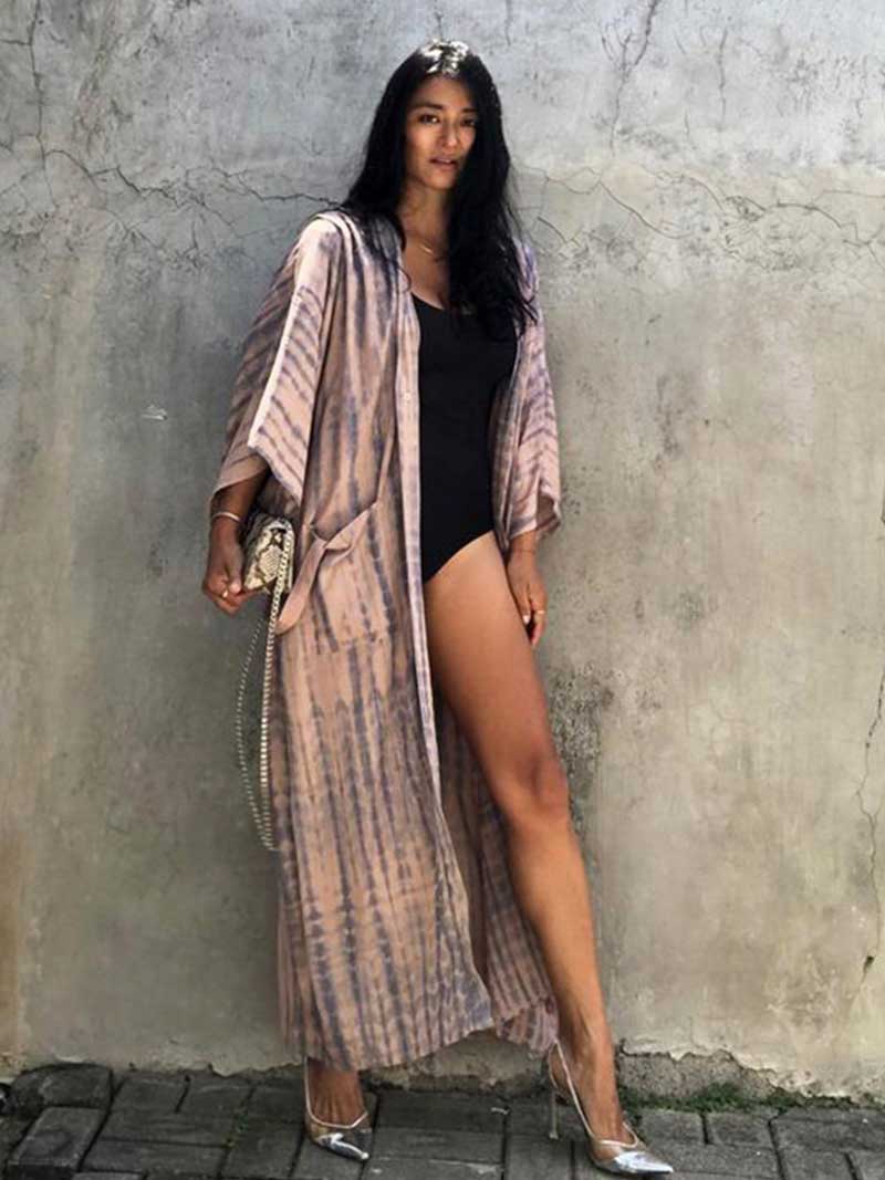 Tie-Dye Print Different Color Rayon Long Length Gown Kimono Duster Robe - Fashionpara