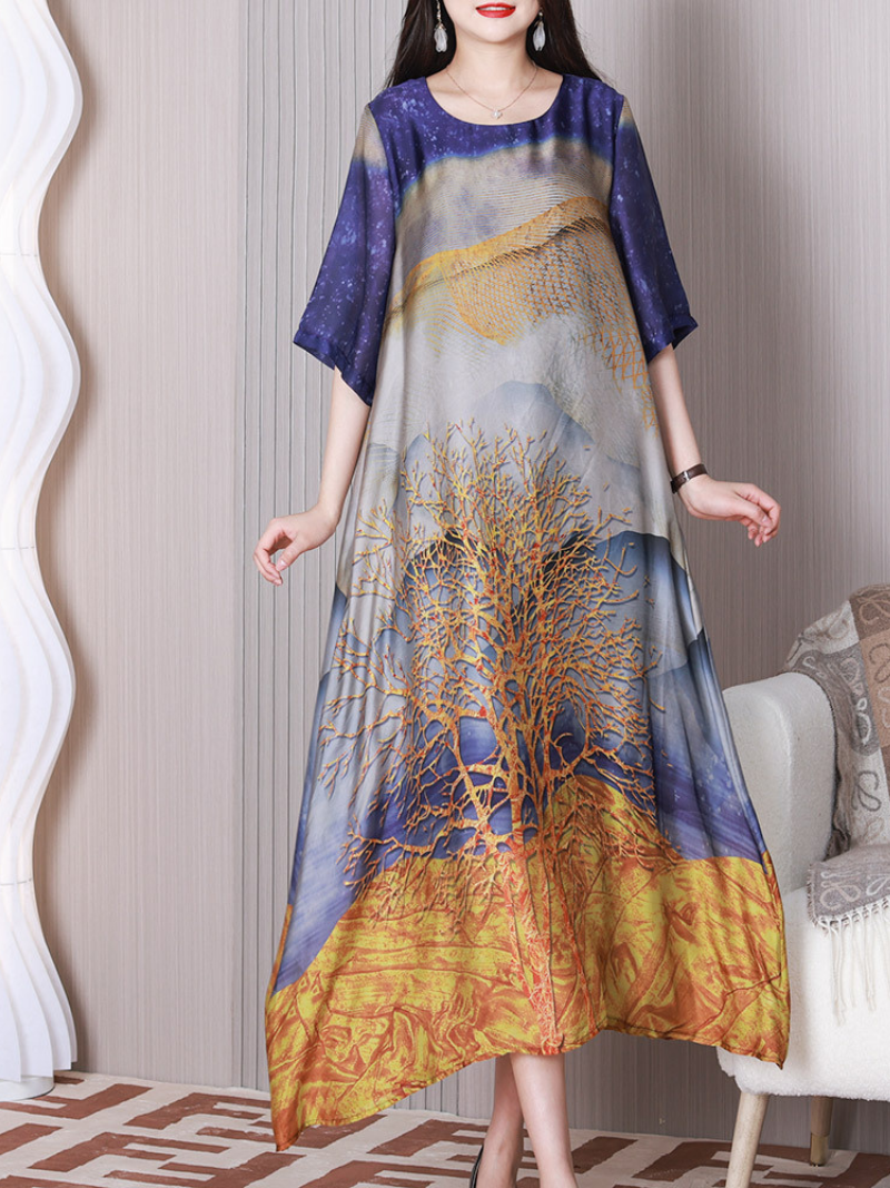 Printed Round Neck Half-Sleeve A-Line Maxi Dress 7
