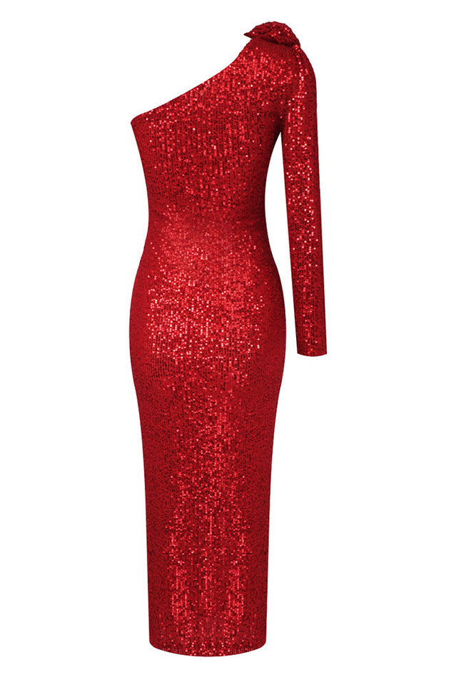 Sequin One Shoulder Long Sleeve Rosette Bodycon Midi Dress - View 12
