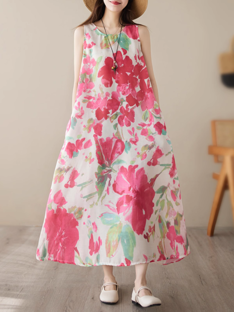 Floral Print Round Neck Sleeveless A-Line Midi Dress 5