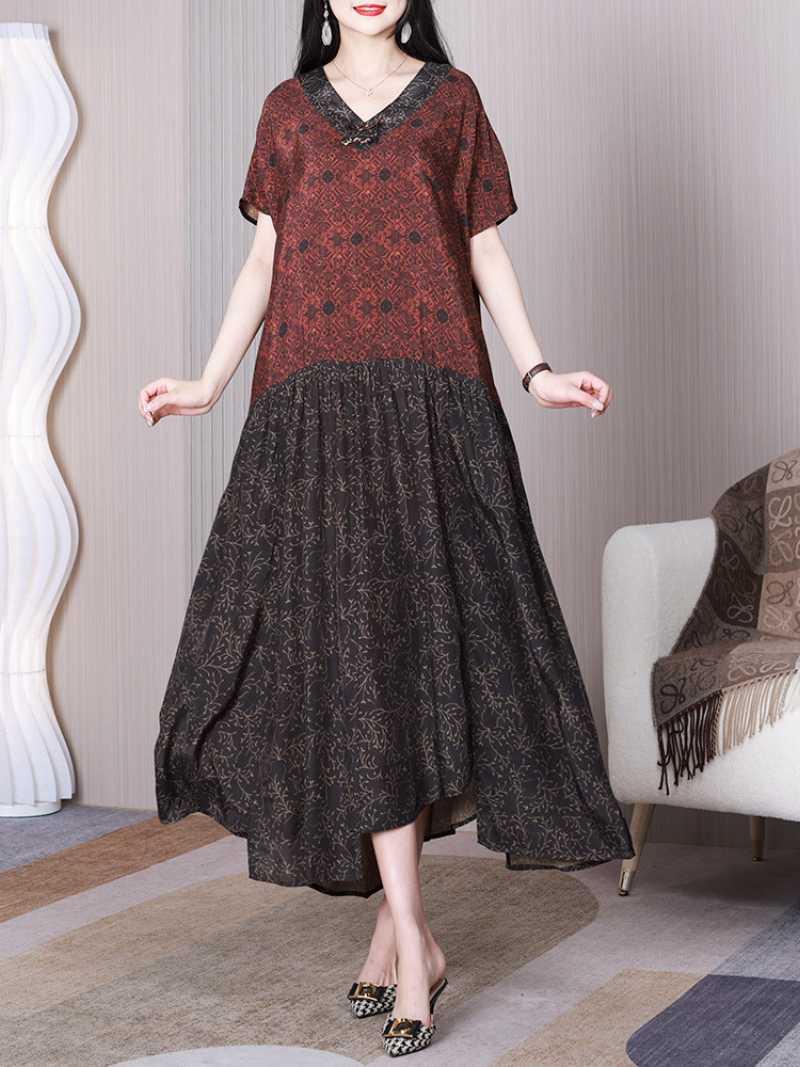 Contrast Print V-Neck Tiered High-Low A-Line Midi Dress