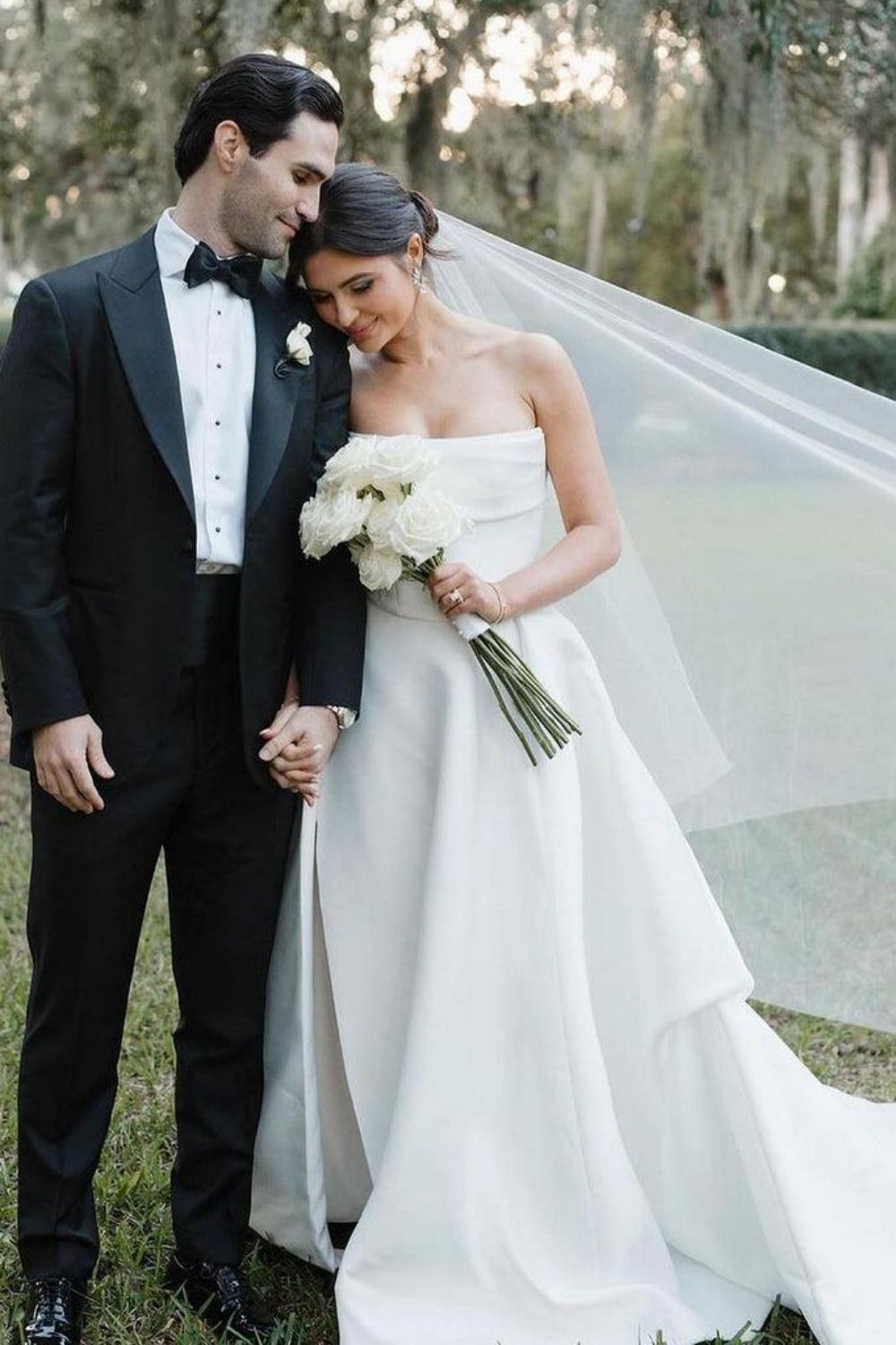 Elegant A Line Strapless White Long Bridal Dress with Split Front - Fashionpara