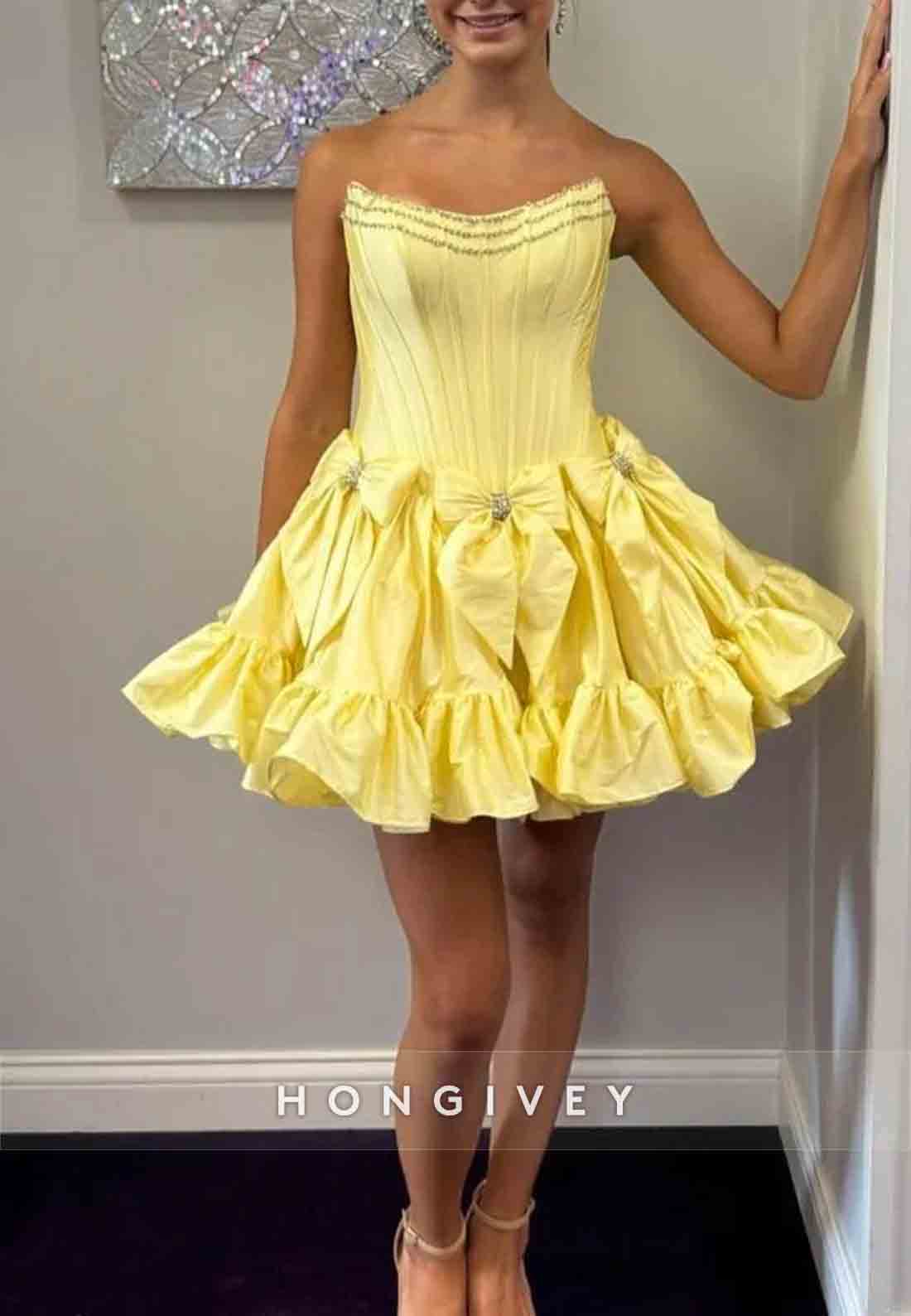 Bowknot Ruched Strapless Satin Pleated Ball Gown Short Homecoming Dresses