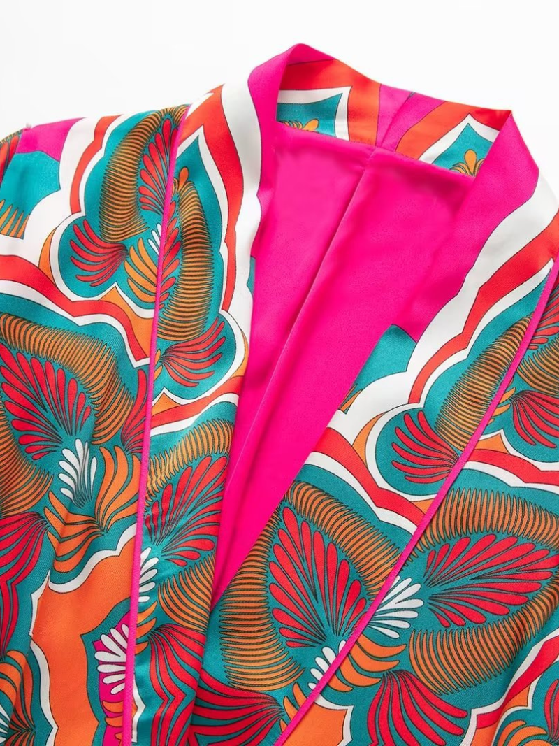 autumn belted printed short kimono jacket dress - Fashionpara