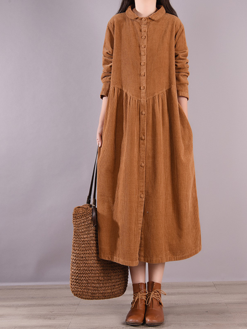 Corduroy Peter Pan Collar Long Sleeve Button Front A-Line Midi Dress - View 4
