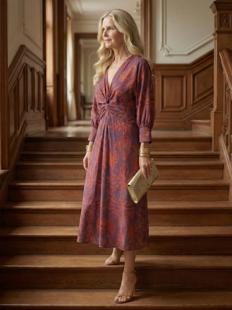 V-Neck Twist Front Long Sleeve Midi Dress 20