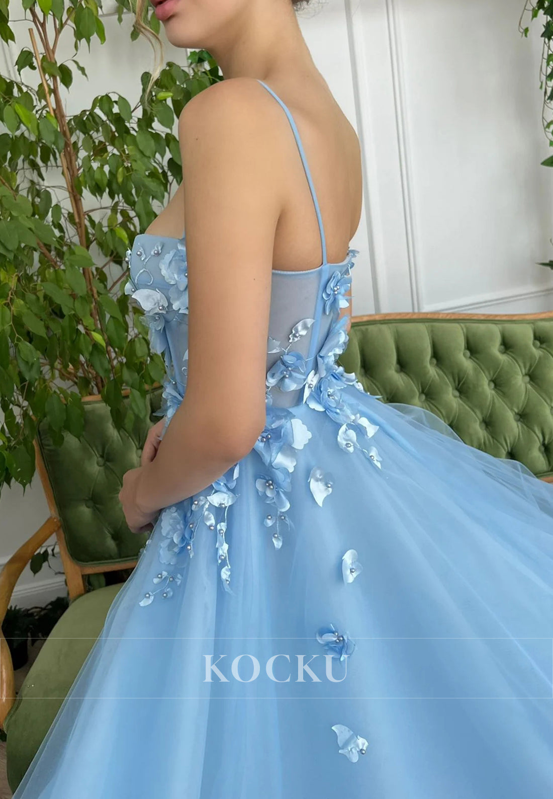 Blue Spaghetti Straps Beading Embellished Prom Dresses with Side Split