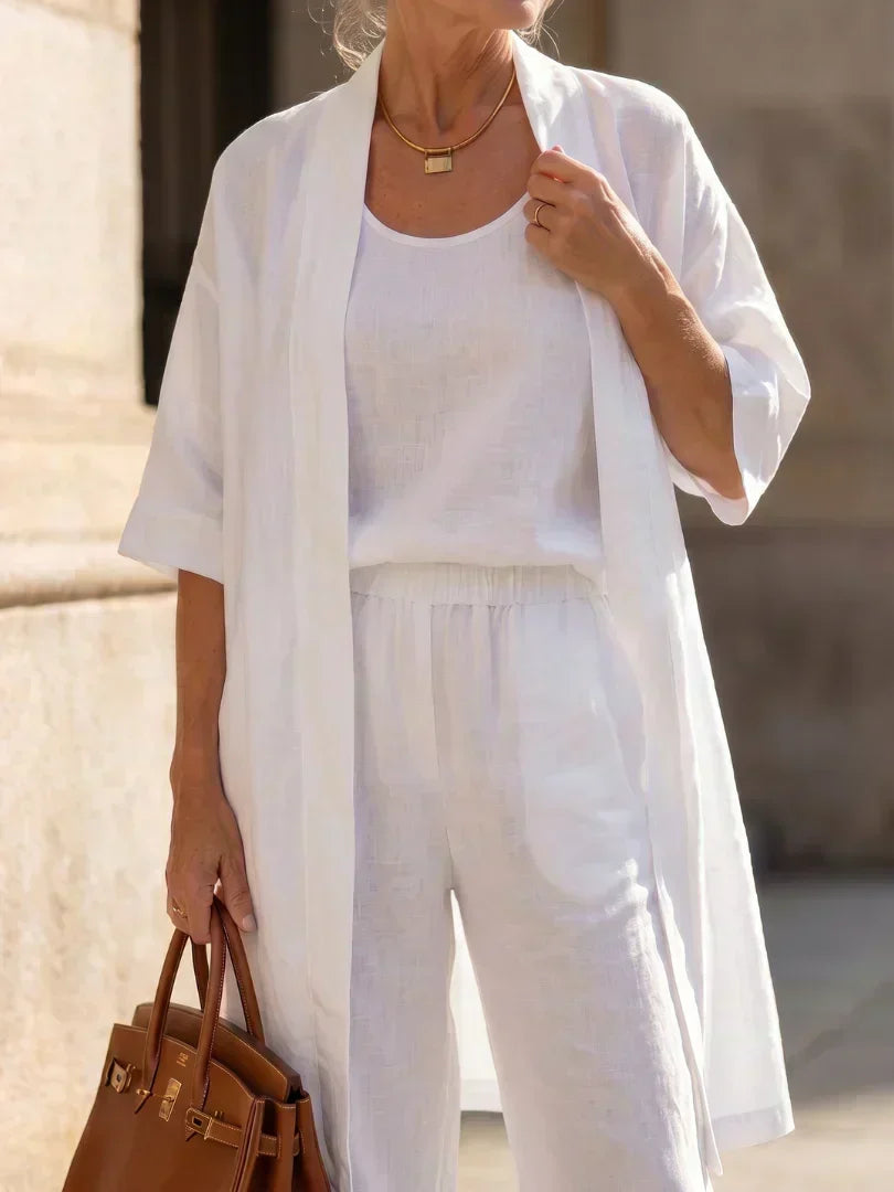 Sleeveless Tank Open Front Kimono and Wide Leg Pants Three Piece Set 17