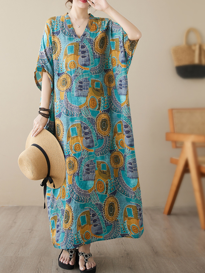 Game Of Love V-neck Short Sleeves Kaftan Dress - Fashionpara
