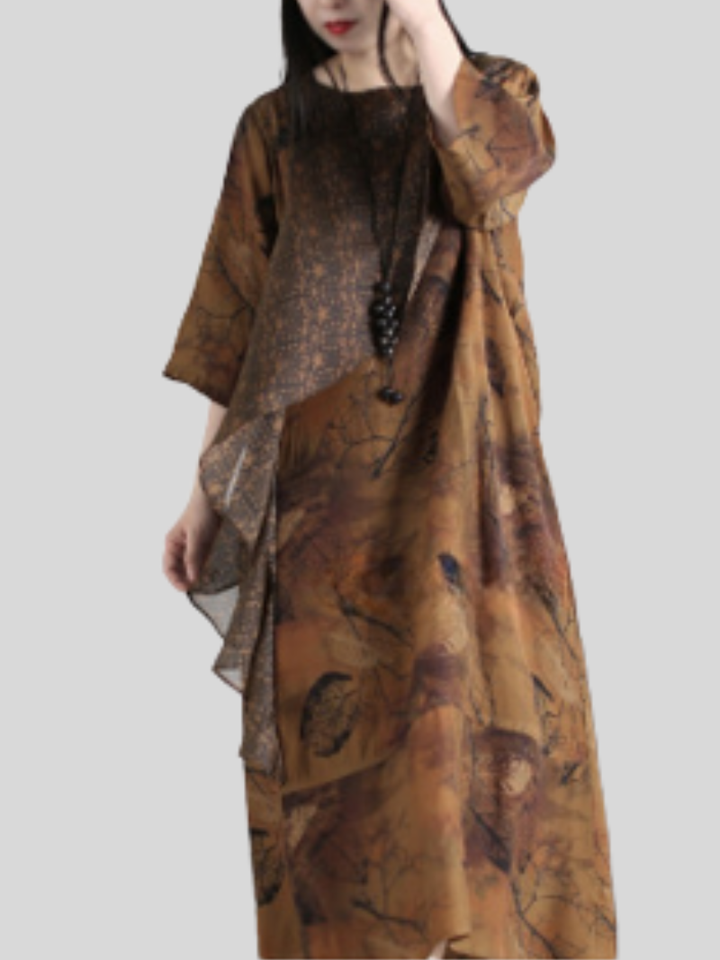 Printed Round-Neck Layered-Look Loose A-Line Maxi Dress 4