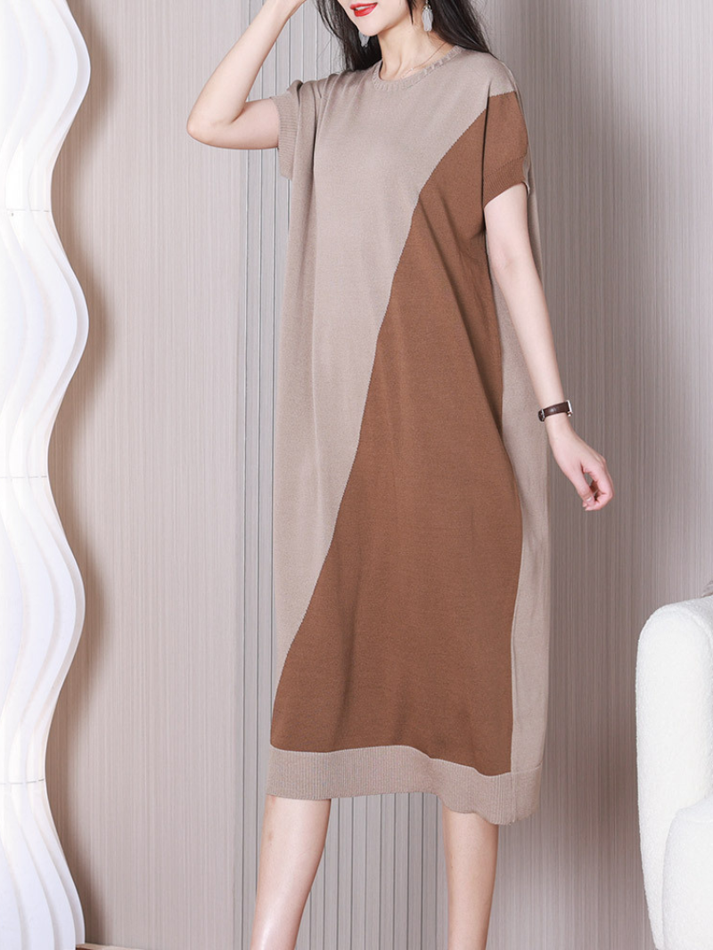 Two-Tone Knit Round-Neck Short-Sleeve Cocoon Midi Dress 4