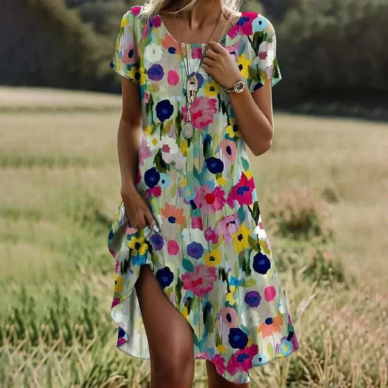 Floral Print Short Sleeve Round Neck Pocket Shift Summer Dress