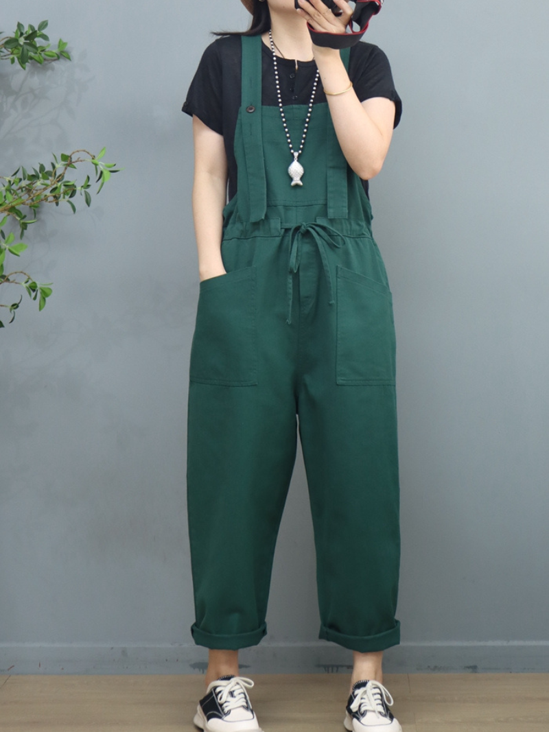 Waist Tie Belt Loose Wide-Leg Boho Pockets Overalls - Fashionpara
