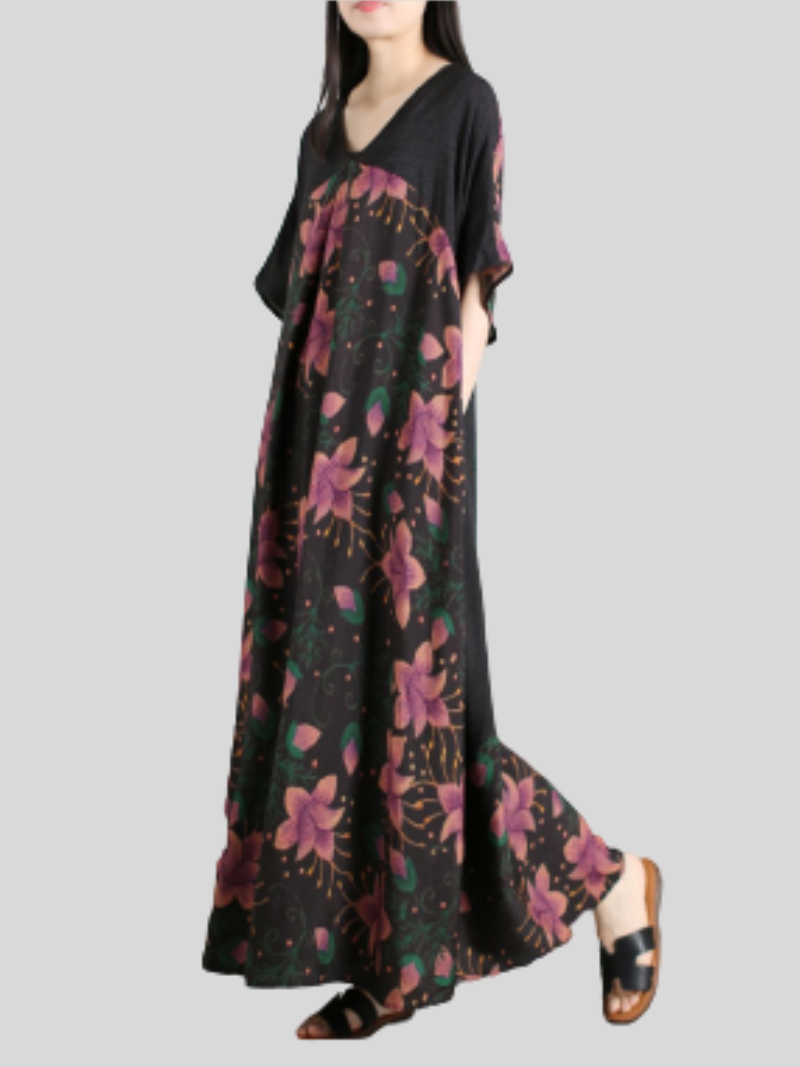 Floral V-Neck Short-Sleeve Flowy A-Line Maxi Dress