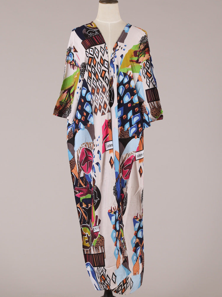 Printed Multicolor Cotton Long Length Gown Kimono Duster Robe - Fashionpara
