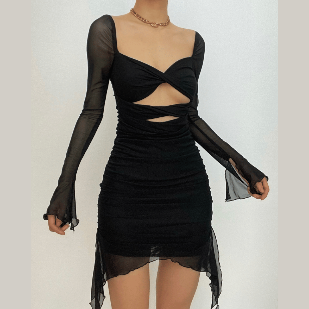 Long sleeve solid hollow out slit mesh ruched zip-up mini dress
