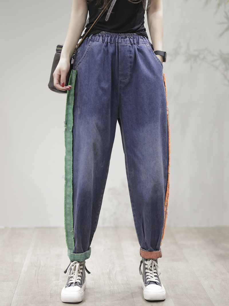 Casual Vintage Loose Fit Patch Denim Bottom Jeans Pants - Fashionpara
