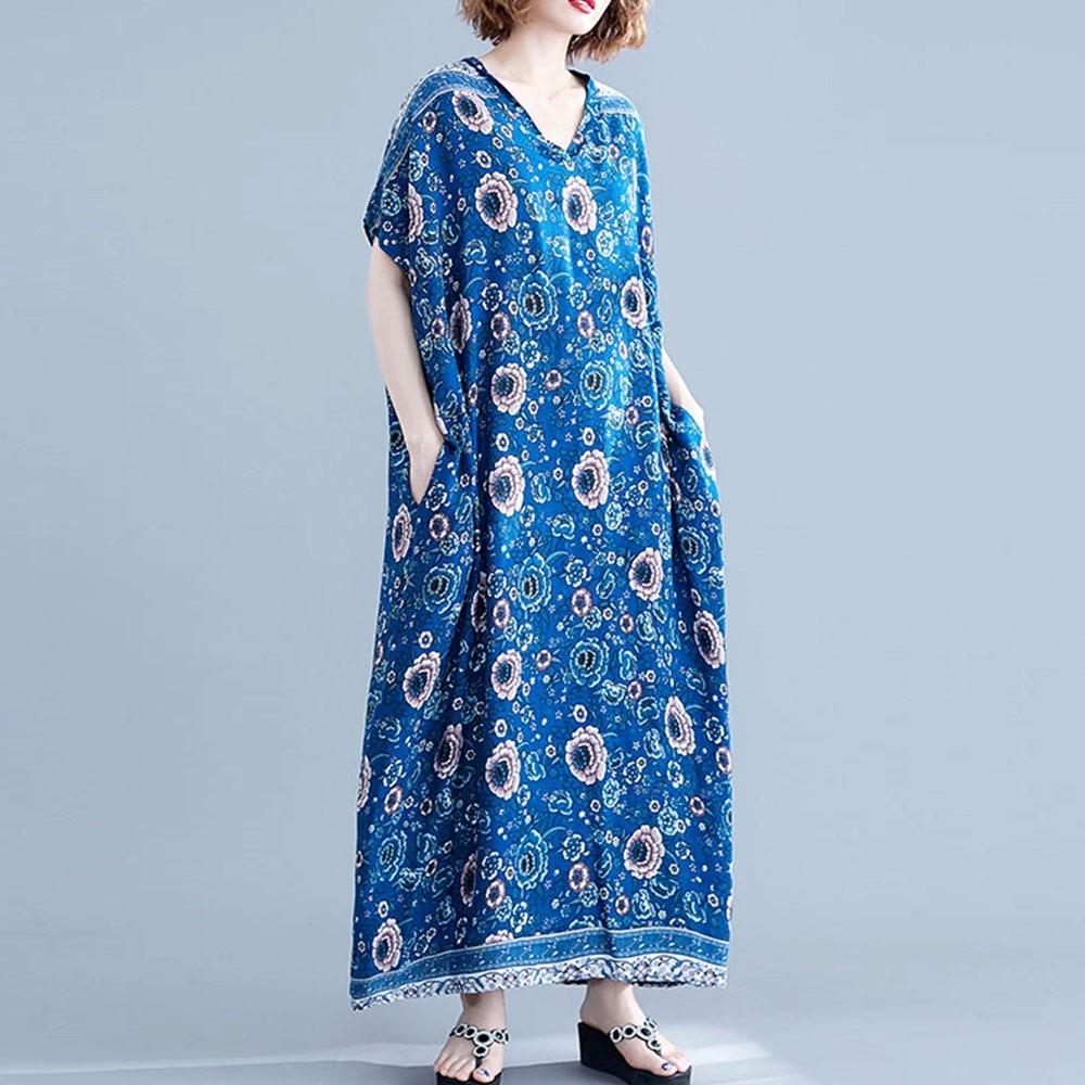 Floral Print V-Neck Short Sleeve Kaftan Maxi Dress 2