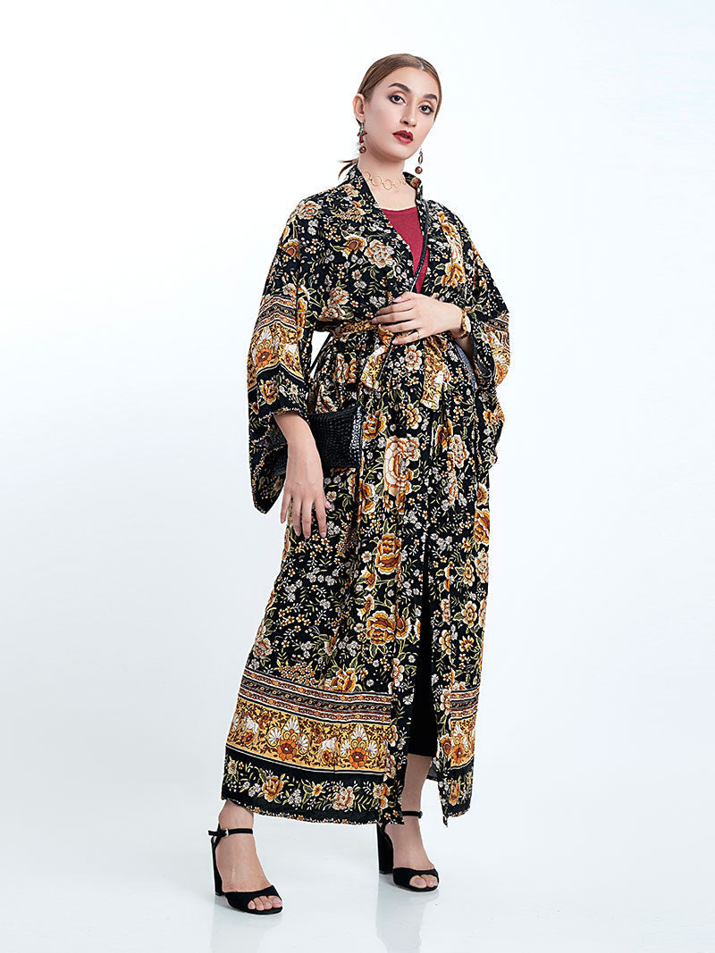 Partywear Floral Print Black Color Cotton Long Length Gown Kimono Duster Robe - Fashionpara