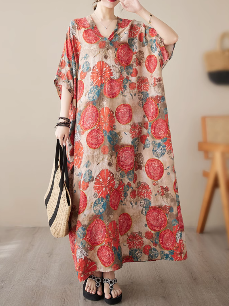 Medallion Print V-Neck Short-Sleeve Kaftan Maxi Dress