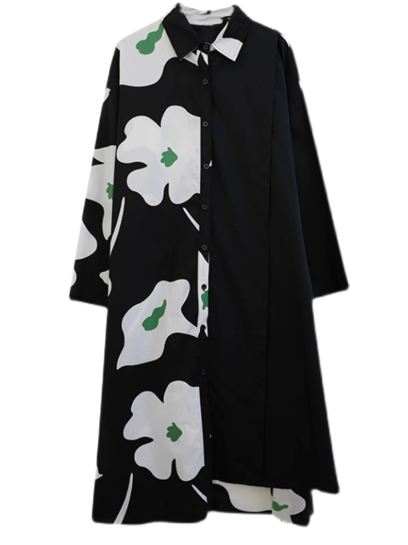 Casual Windbreaker Front Button Mid-length Shirt A-Line Dress - Fashionpara
