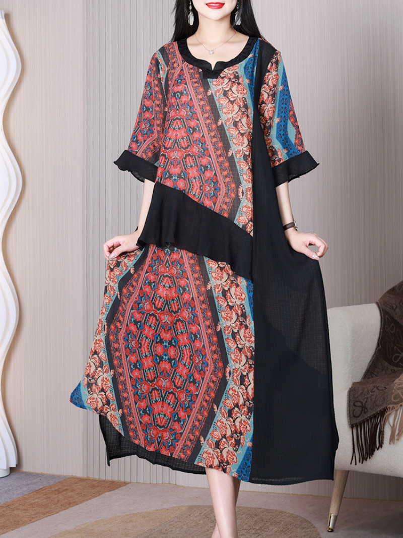 Floral Patchwork Print V-Neck Half Sleeve Asymmetric Midi Dress 2