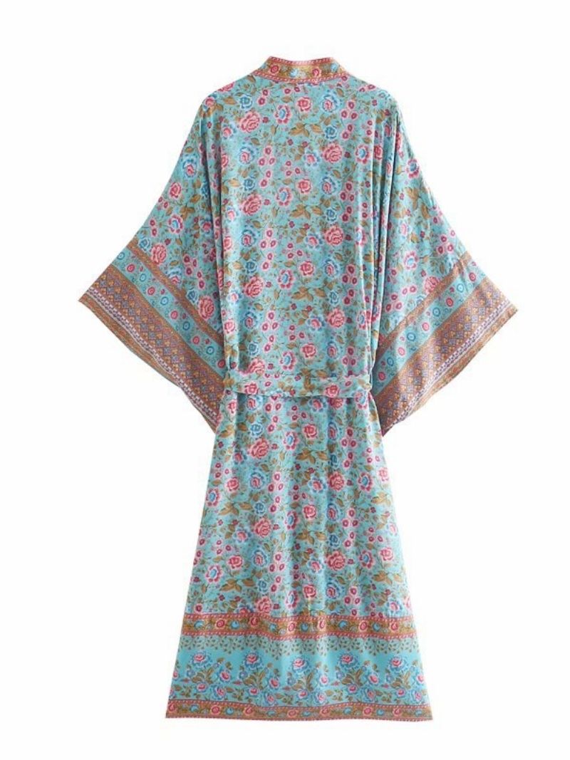 Beachwear Long Floral Print Blue Color Cotton Long Length Gown Kimono Robe - Fashionpara