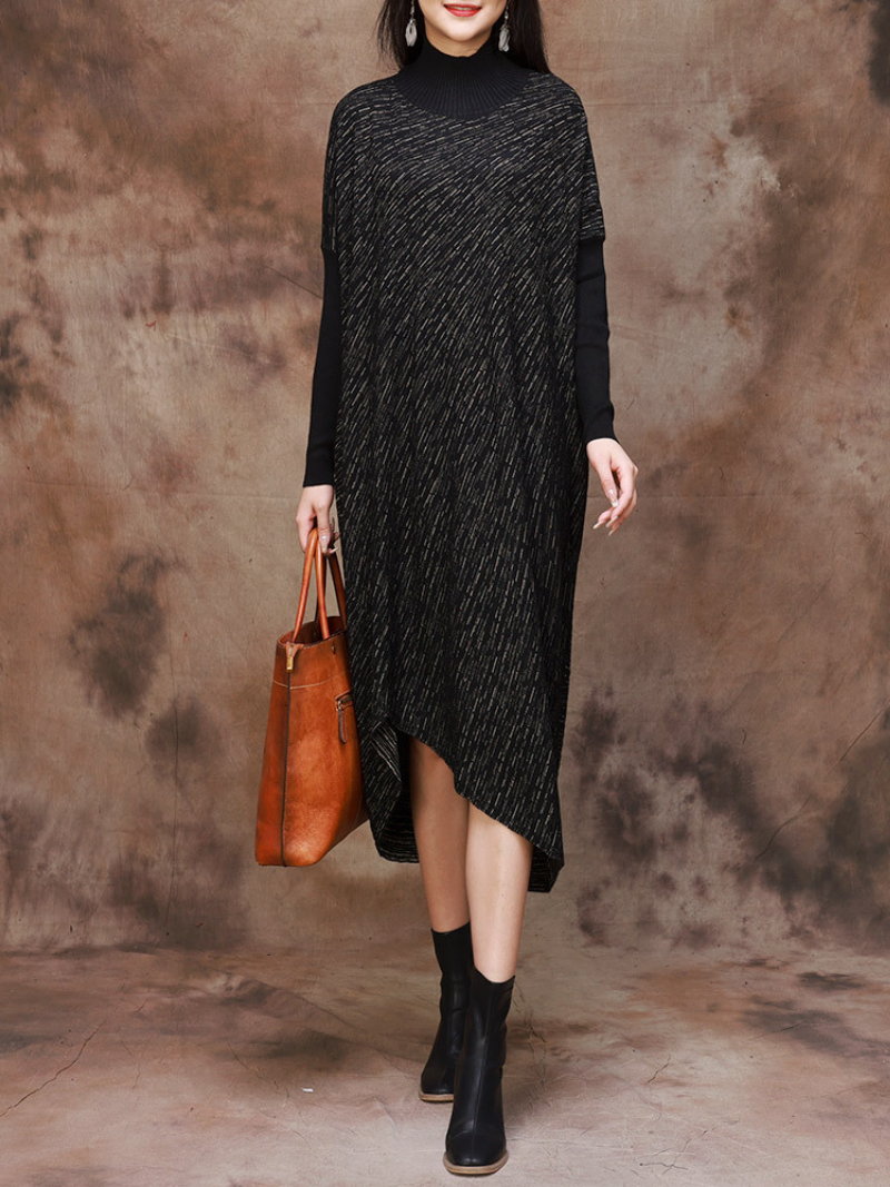 Plus Size Knitted Loose Bat Sleeve Stripe Midi Dress for Women - Fashionpara
