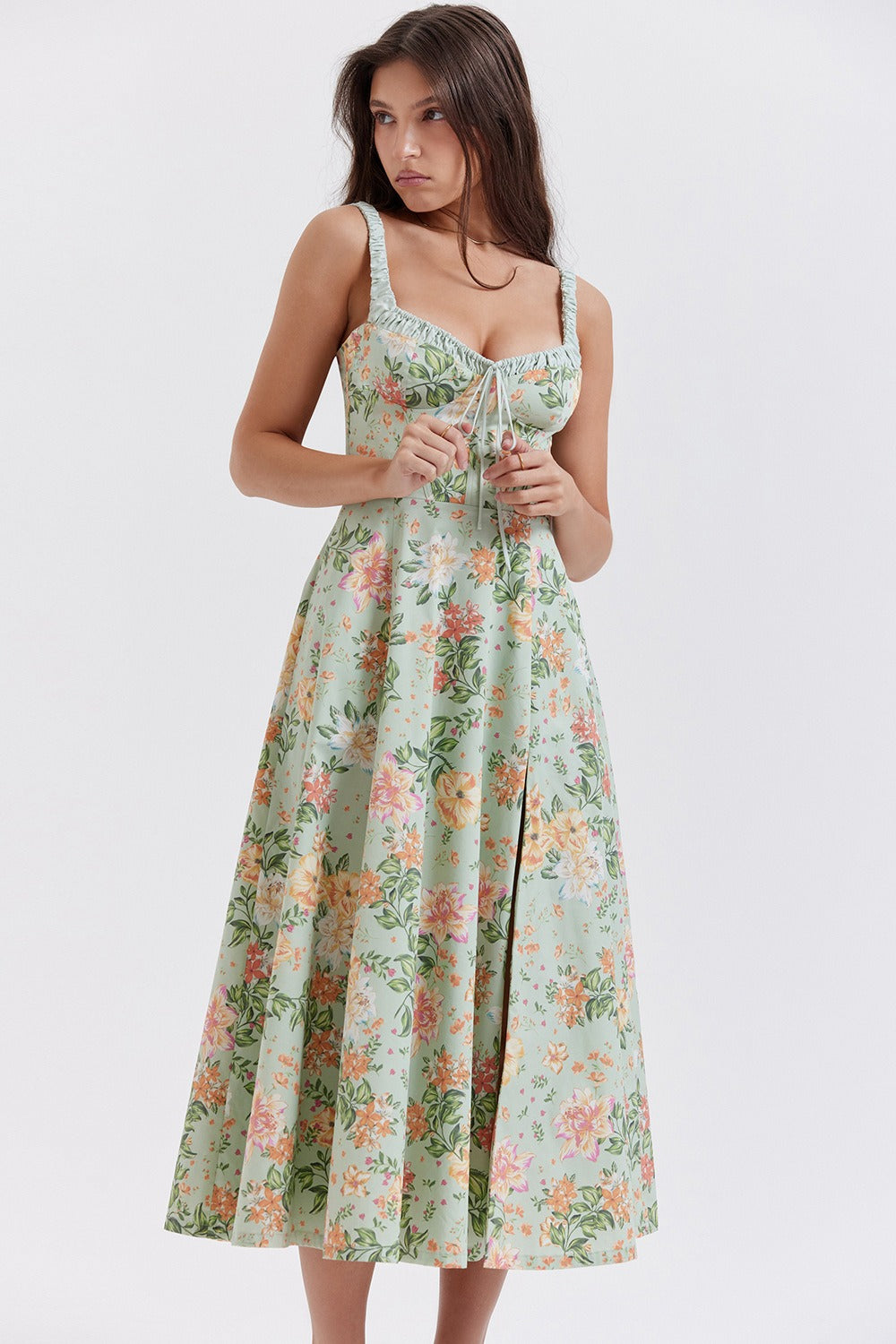 Floral Sweetheart Tie-Front Side Split Midi Dress