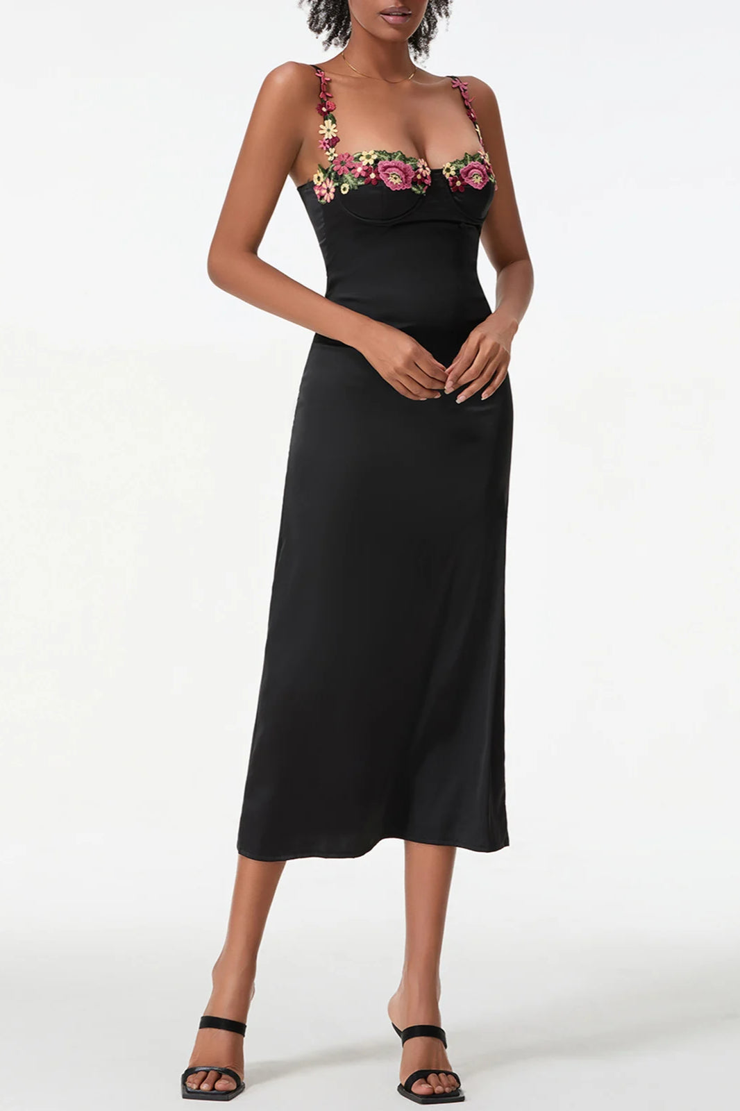 Satin Sweetheart Spaghetti Strap Floral Embroidery Bodycon Midi Dress - View 6