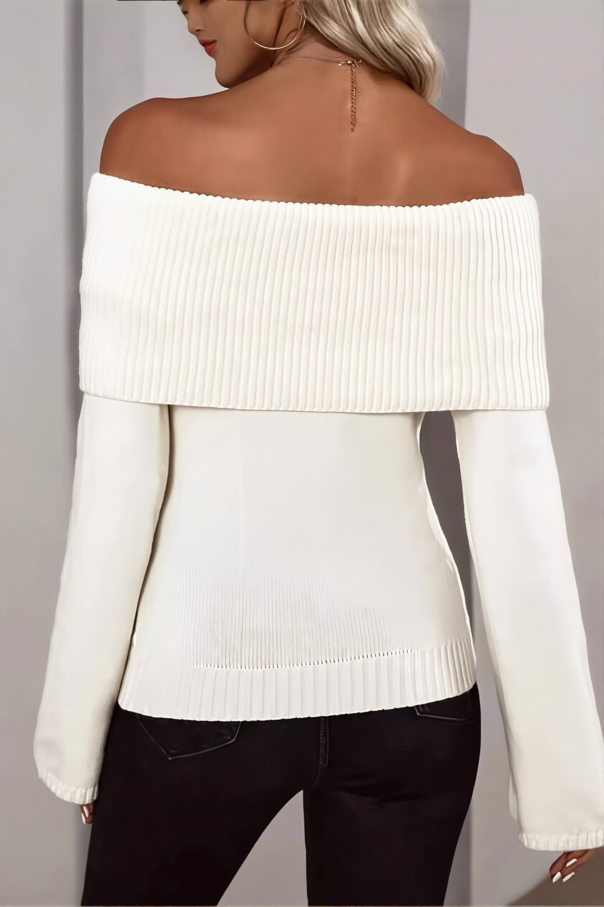 Foldover Off Shoulder Ribbed Fitted Sweater 3