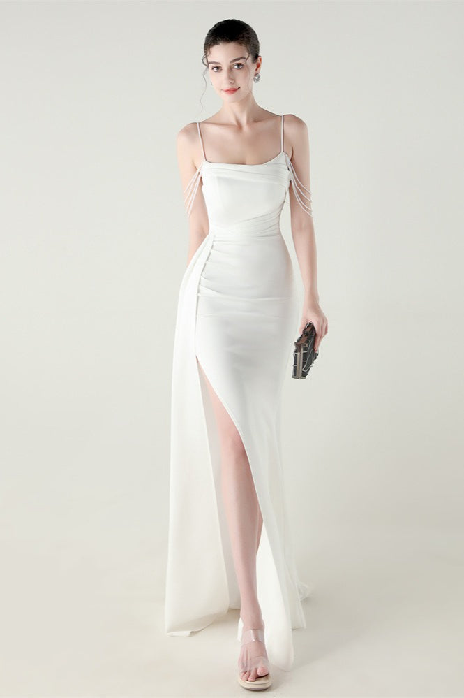 Satin Spaghetti Strap Ruched High Slit Mermaid Gown 6