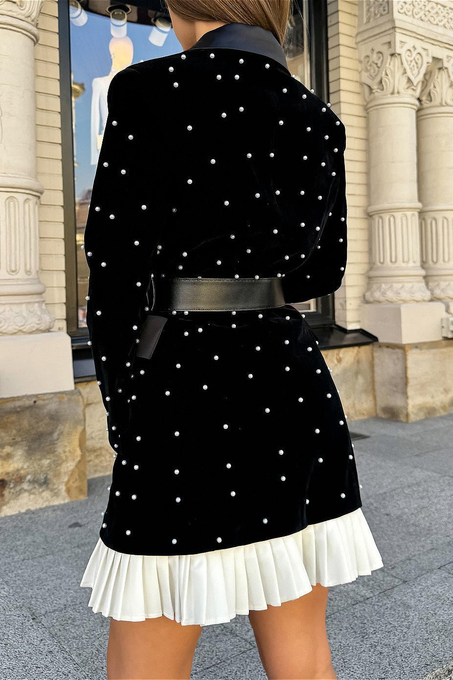 Pearl Studded Satin Lapel Belted Ruffle Hem Blazer Mini Dress - View 4