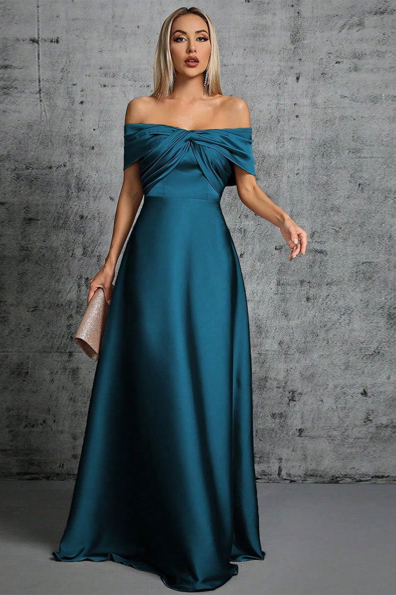 Satin Off Shoulder Twist Front A-Line Maxi Dress