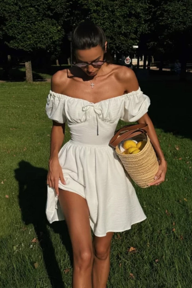 Off Shoulder Puff Sleeve Fit & Flare Mini Dress