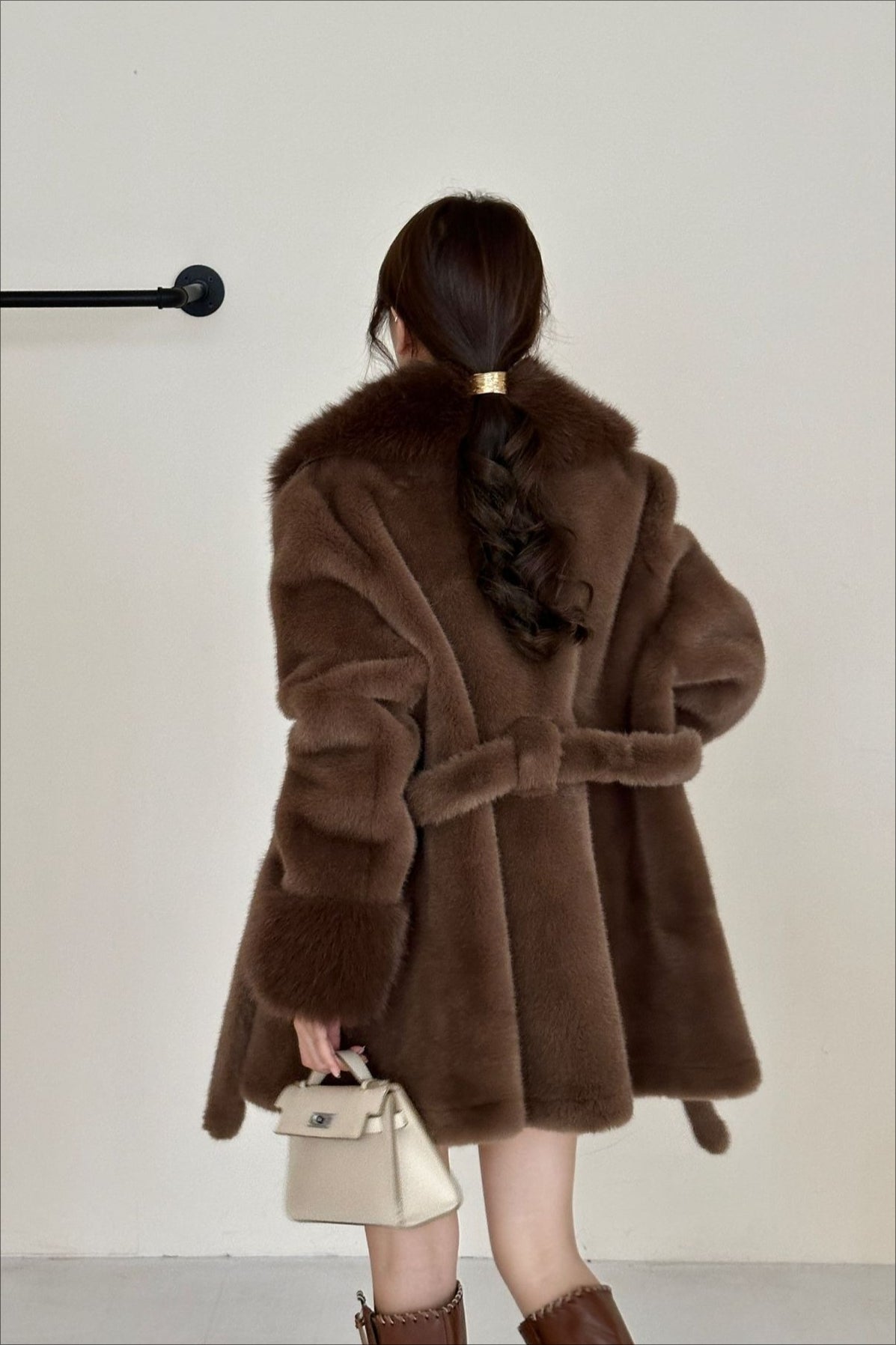 Faux Animal Fur Suede Mid-Length Notch Collar Tie Waist Coat