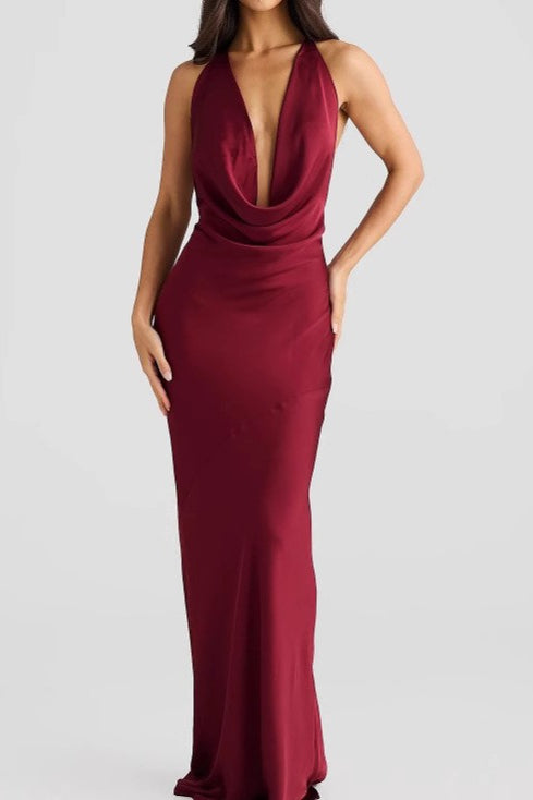 Sexy Sleeveless Halter Draped Neck Solid Satin Slim Formal Dress