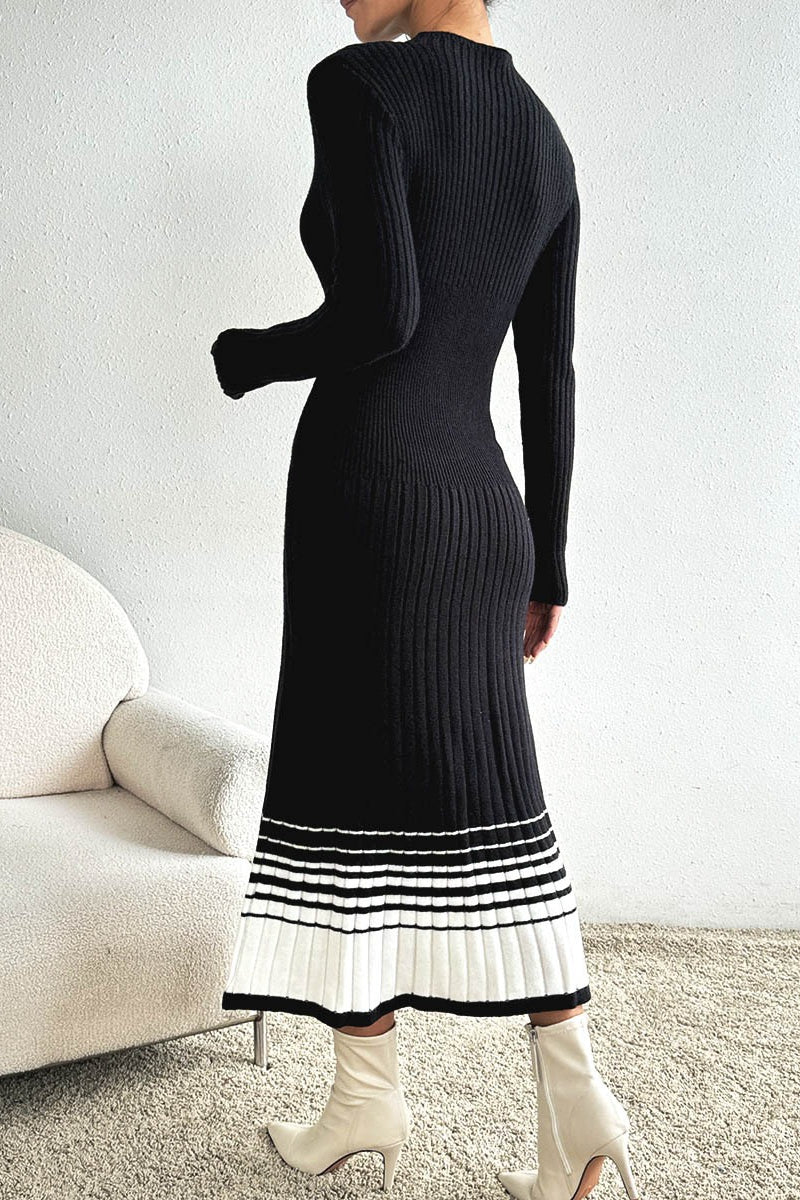 Vintage Black White Stripe Knit Pleated Midi Dress