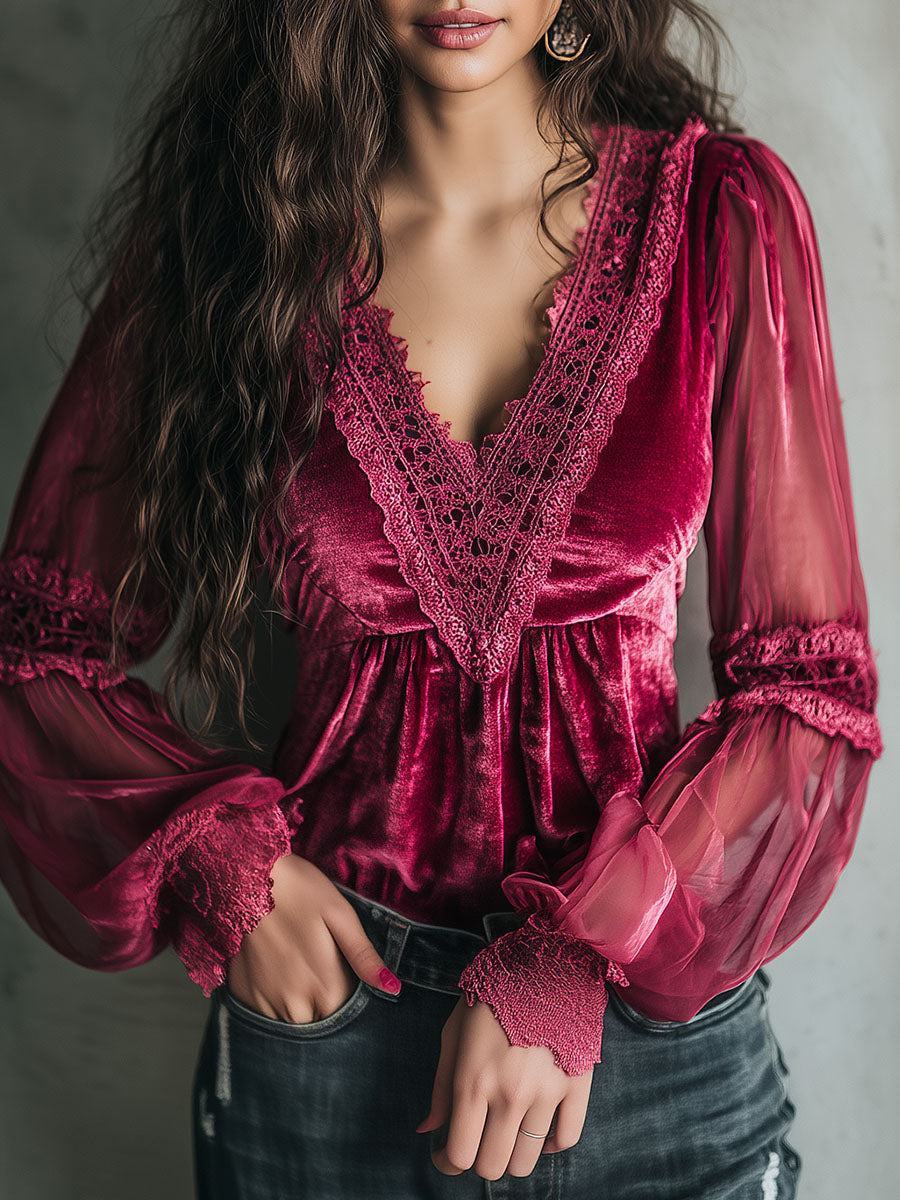 Romantic Hot Pink Velvet & Lace Sheer Puff Sleeve Blouse - Fashionpara