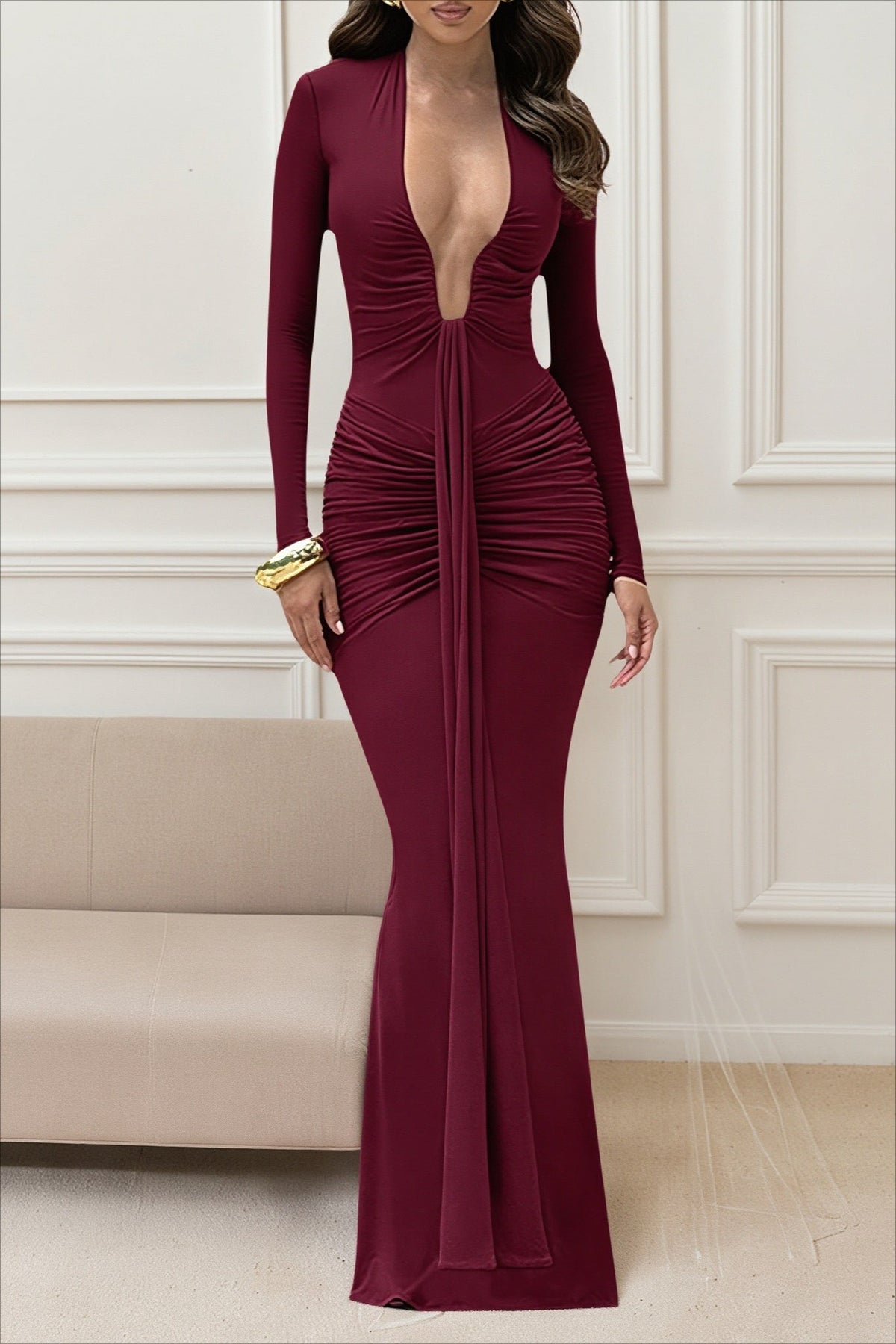 Plunge Neck Long Sleeve Ruched Draped Maxi Gown