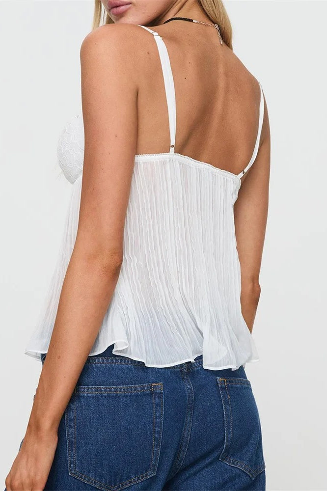 Pleated Bowknot Lace See-through Crop Top