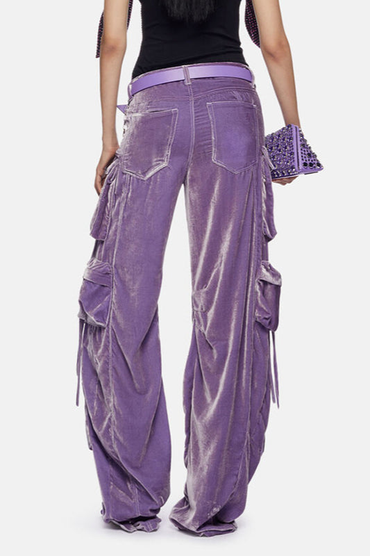 High-Waisted Velvet Straight Cargo Pant