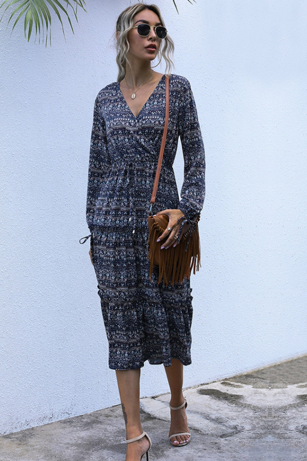 Slim French V-neck Print Dress - Fashionpara