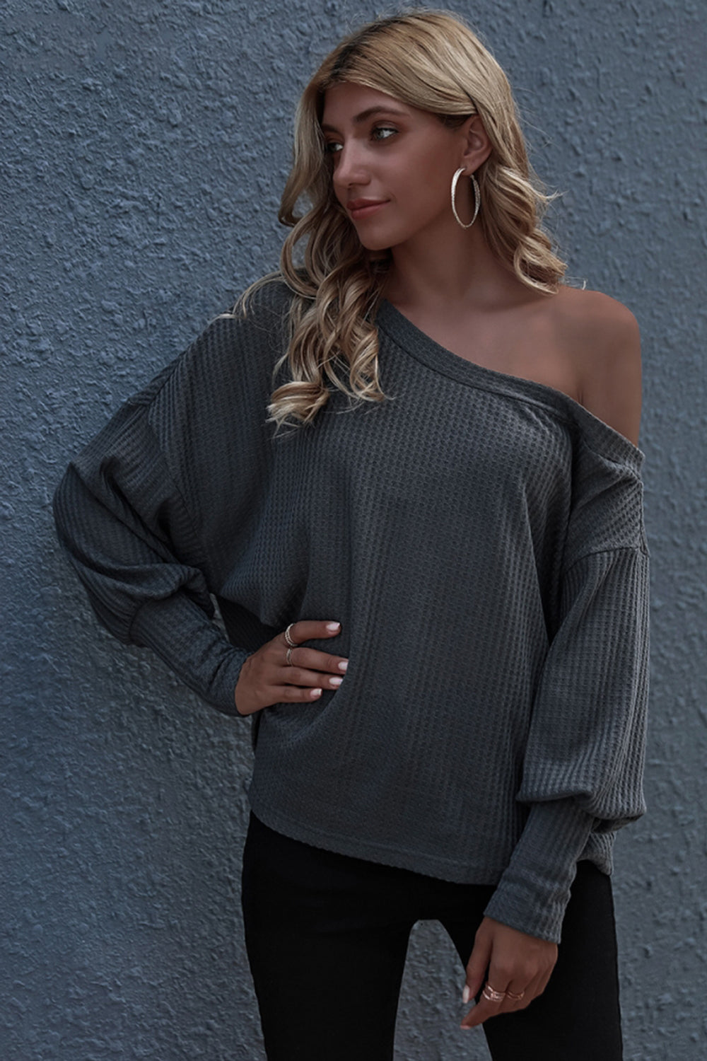 RadyRin One-Shoulder Loose Fit Solid Color Sweater
