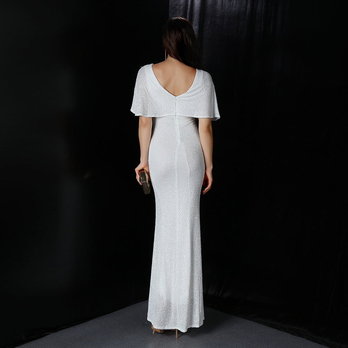 Sequin V-Neck Flutter Sleeve Mermaid Gown
