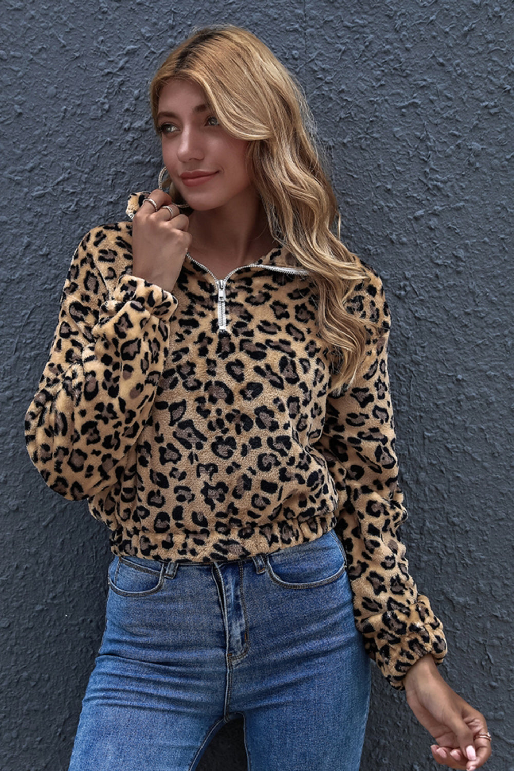 Leopard Print Lapel Zipper Fleece Pullover