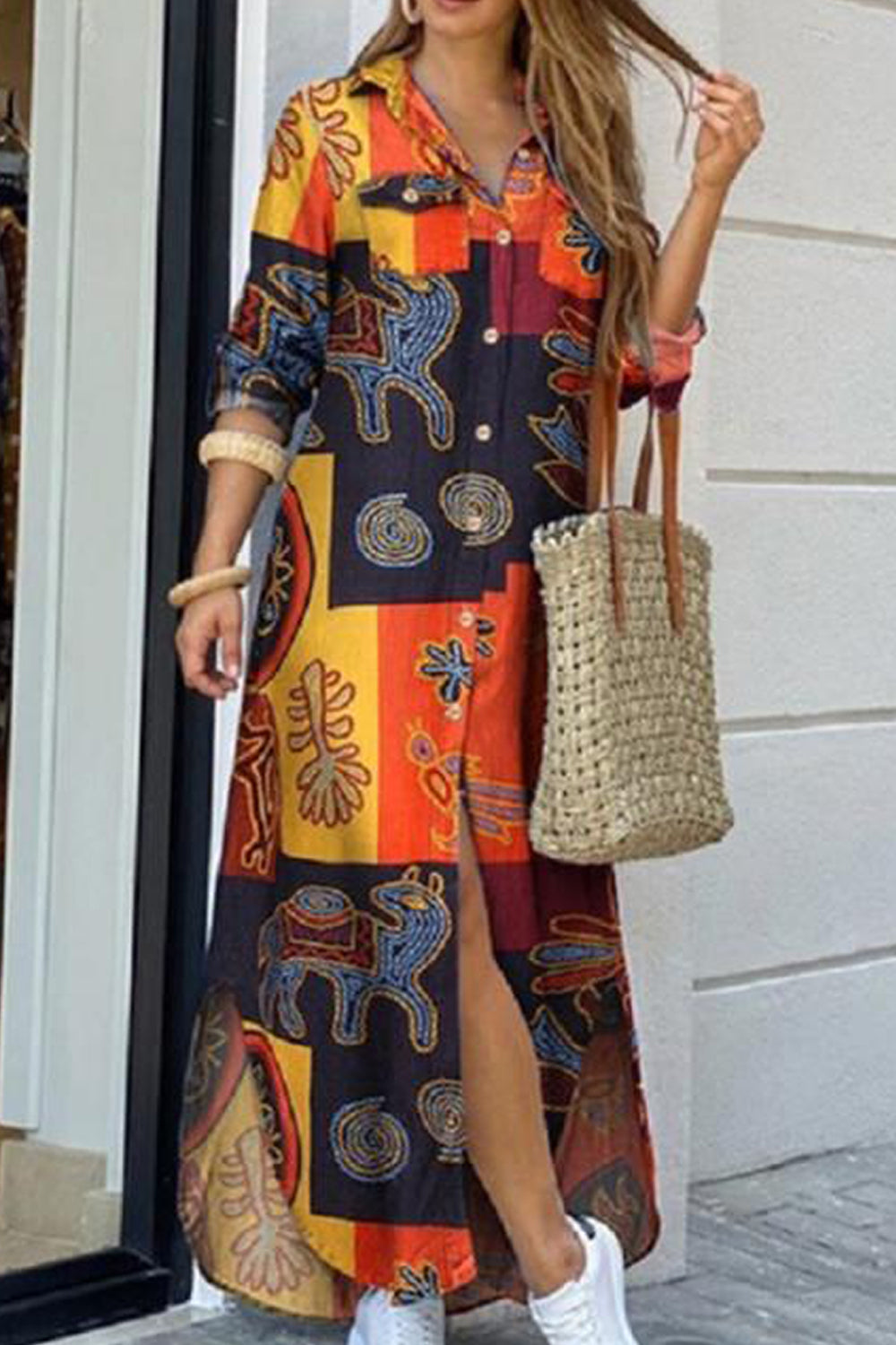 Printed Single Breasted Long Dress - Fashionpara