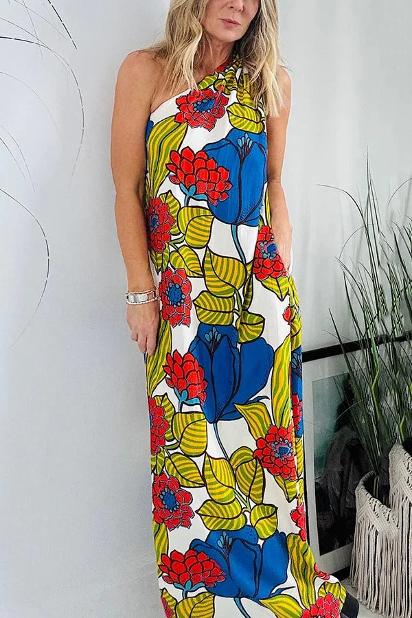 Floral Unique Printed One Shoulder Pocketed Loose Maxi Dress - Fashionpara
